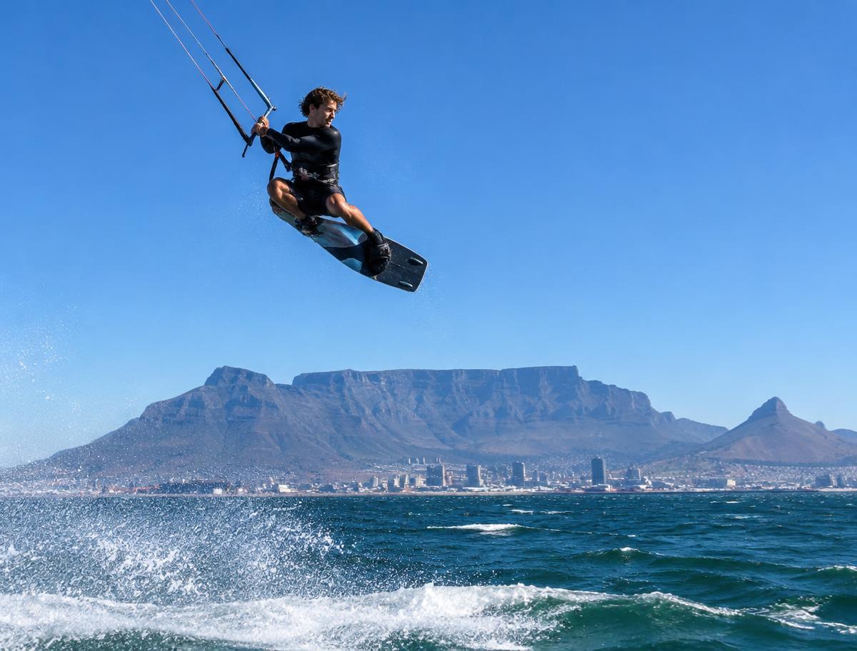 Kitesurfer in the air over Table Bay