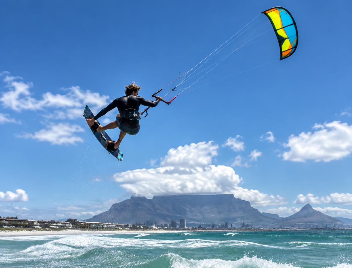 Kitesurfer in the air over Table Bay