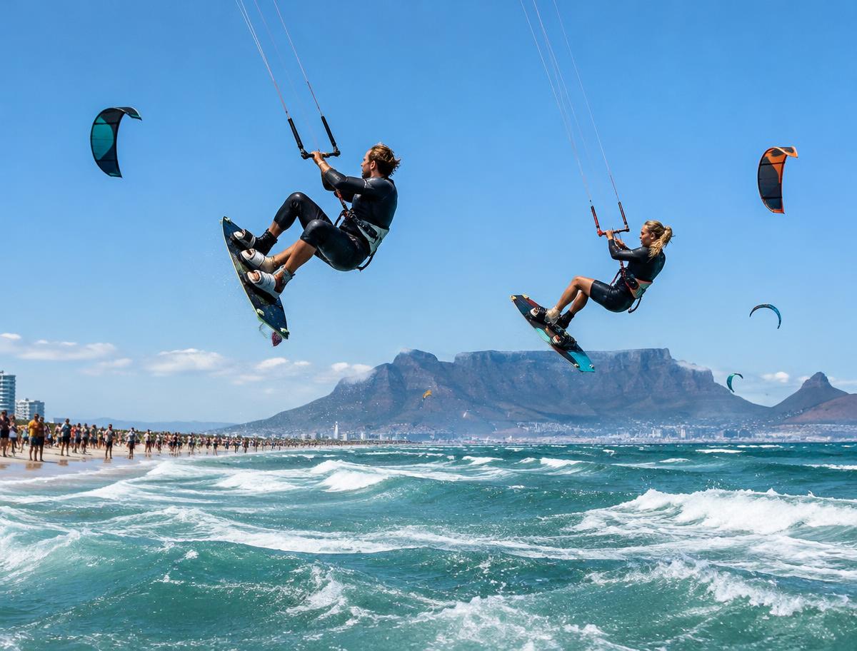 Kitesurfer in the air over Table Bay